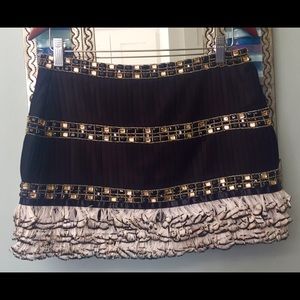 BEBE jeweled and feather mini skirt